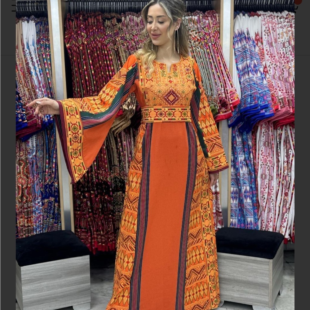 ORANGE MAJDALAWI - VERY HIGH QUALITY EMBROIDERED PALESTINIAN THOBE NEW
